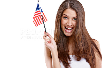 Buy stock photo Usa hand flag, freedom and woman portrait excited about labor day holiday with white background. Isolated, model and happiness of a young person smile happy about american flag pride with mockup