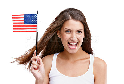 Buy stock photo American flag, woman and happy portrait with mockup excited about labor day with white background. Isolated, model and happiness of young person smile about usa flag, pride and freedom with joy
