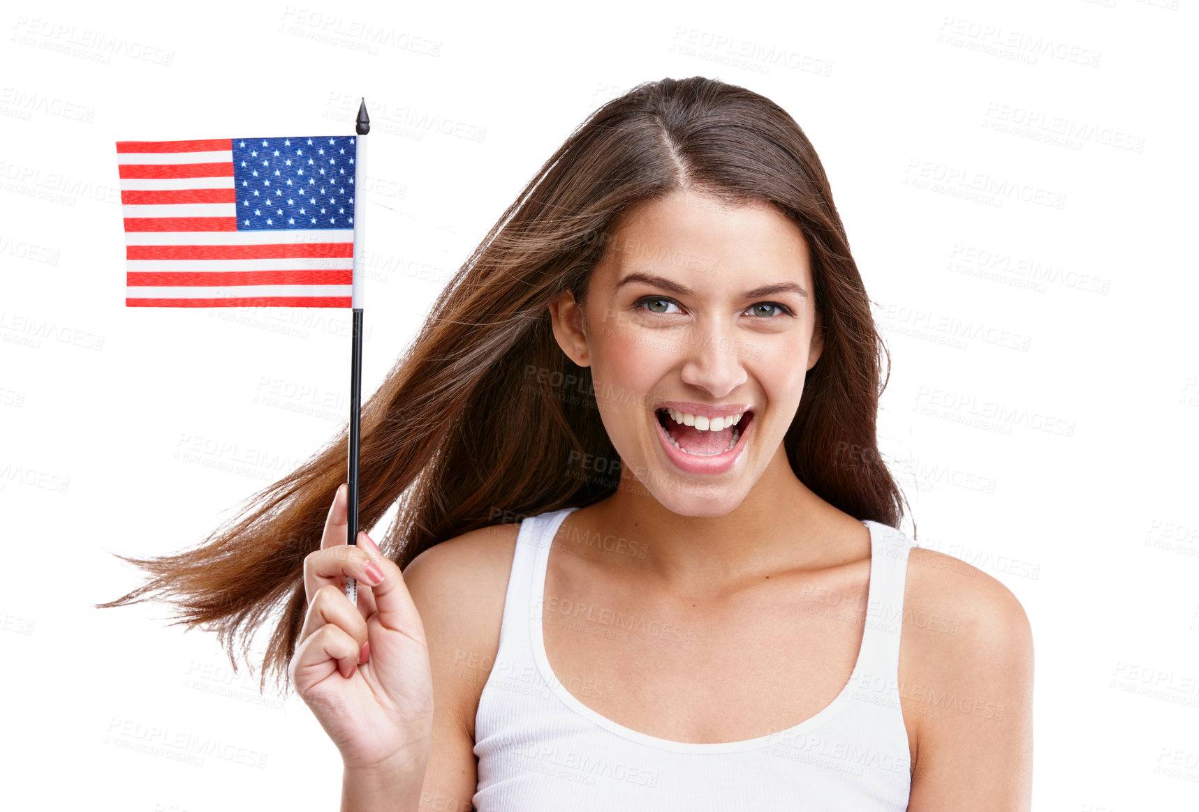 Buy stock photo American flag, woman and happy portrait with mockup excited about labor day with white background. Isolated, model and happiness of young person smile about usa flag, pride and freedom with joy