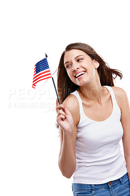 Buy stock photo Flag, usa and mockup with a model woman in studio isolated on a white background for her nation. American flag, marketing and advertising with an attractive young female posing for citizenship