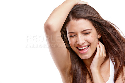 Buy stock photo Woman, happy with hair and beauty for hair care, cosmetics and freedom isolated on white background. Keratin treatment with excited, face with happiness and skincare with natural cosmetic care mockup