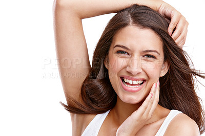 Buy stock photo Woman, happy with face, beauty with hair in portrait for hair care, smile and cosmetic care isolated on white background. Natural cosmetics mockup, keratin treatment and skincare with happy woman
