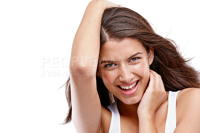 Buy stock photo Woman, happy with hair care and beauty in portrait for hair, cosmetics and freedom isolated on white background. Keratin treatment with excited, face and skincare with natural cosmetic care mockup
