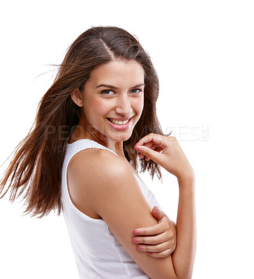 Buy stock photo Natural beauty, young woman and portrait of a model with long hair feeling happy with a smile. Isolated, white background and person with happiness, smiling and attractive look with mockup space