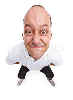 Buy stock photo Portrait, face and crazy with a man model in studio isolated on a white background for expression. Angry, annoyed and frustrated with a closeup male on blank space feeling stress or anxiety