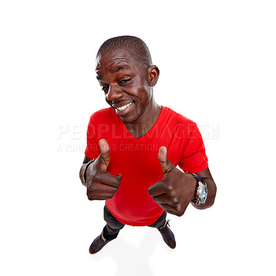 Buy stock photo Thumbs up, black man and smile of a person showing yes, thank you and agreement hand sign. Isolated, white background and looking up model standing with winner and success hands gesture with mockup
