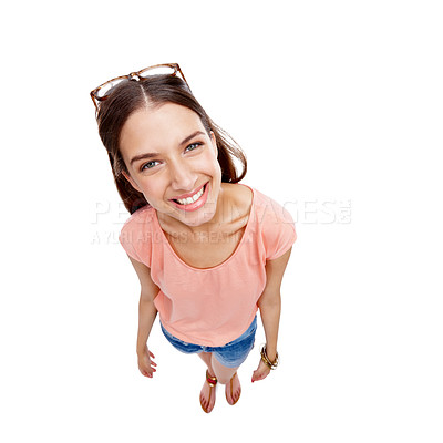 Buy stock photo Top view, portrait and woman with smile, glasses and girl isolated on white studio background. Face, mockup and young female with happiness, casual outfit or confidence with lady, beauty and backdrop