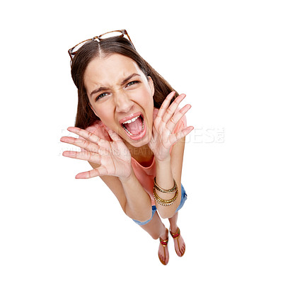 Buy stock photo Portrait, anxiety and stress by woman in studio for mental health problem on white background. Face, depression and screaming, angry and frustrated, stressed and shouting in fear while isolated