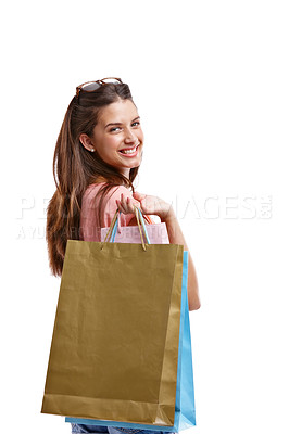 Buy stock photo Shopping bags, young model and portrait of a woman with retail, discount and shopping bags and mockup. Isolated, white background and customer happy smile about store sale, fashion choice and mock up