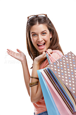 Buy stock photo Woman is shopping, paper bag and retail portrait, fashion with happy customer isolated on white background. Discount, sale and excited customer with shopping bag, luxury designer brand and clothes