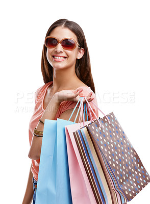 Buy stock photo Woman with shopping bag, retail and fashion with shopping and sunglasses isolated on white background. Discount, sale and customer with paper bag, luxury designer brand and clothes with happy woman