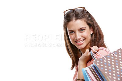 Buy stock photo Woman with shopping bag, retail portrait and fashion with shopping and glasses isolated on white background. Discount, sale and customer with paper bag, luxury designer brand and clothes mockup
