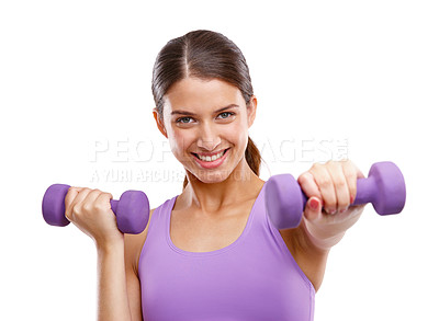 Buy stock photo Studio portrait of a beautiful young woman lifting dumbbells