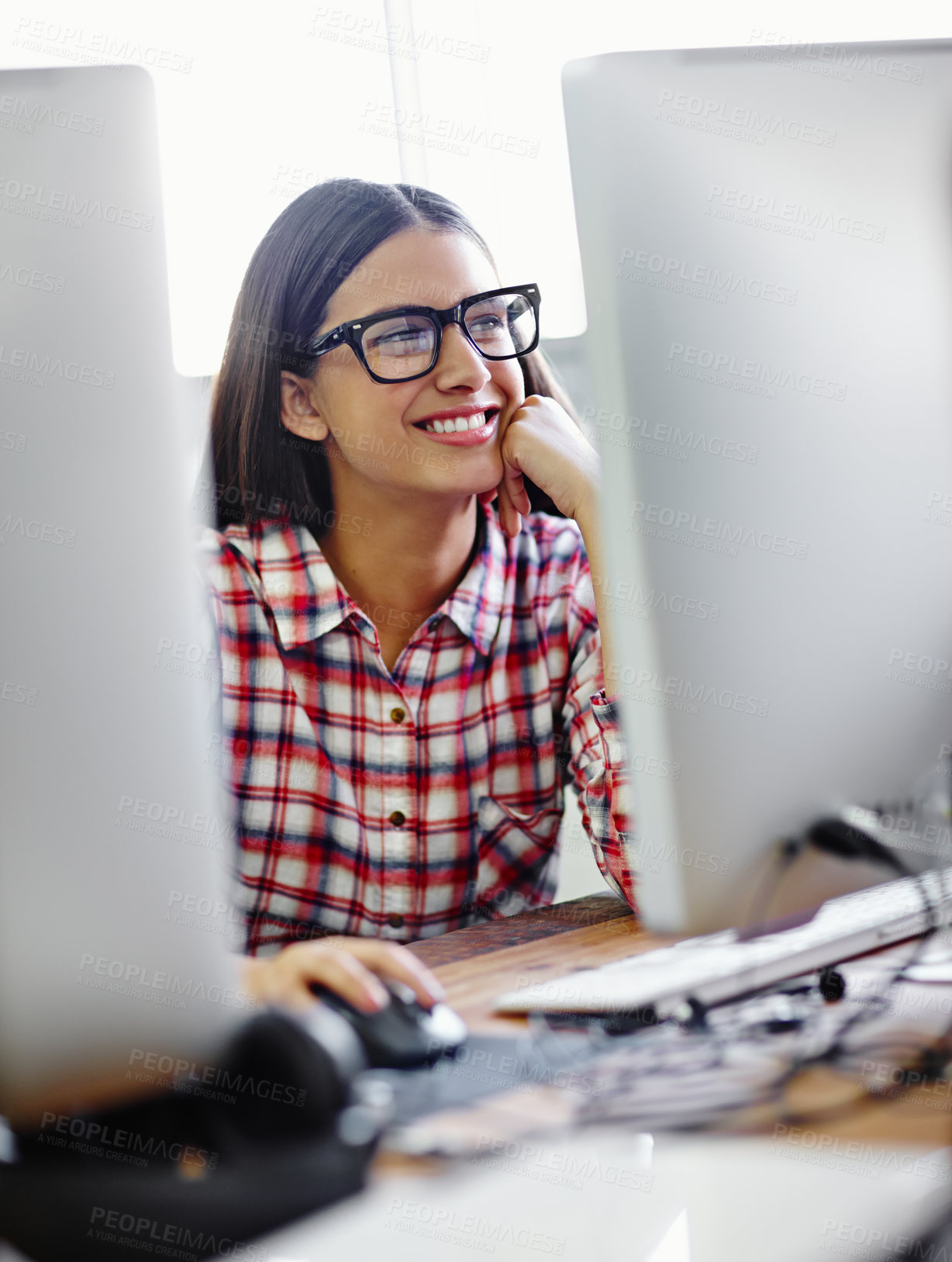 Buy stock photo Business woman, happy and computer in office for research, communication and networking with glasses. Graphic designer, smile and pc with infographics for website branding, logo design and typography