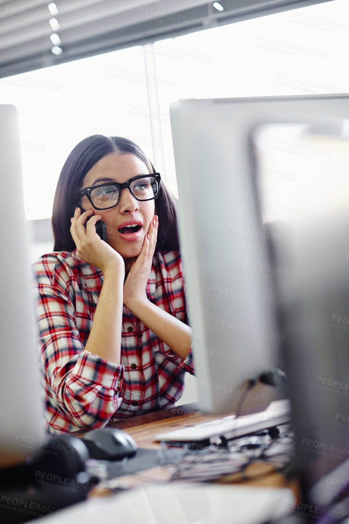 Buy stock photo Business woman, surprise and phone call in office for research, communication or news with glasses. Graphic designer, shock and mobile conversation for website feedback, client review and cyberattack