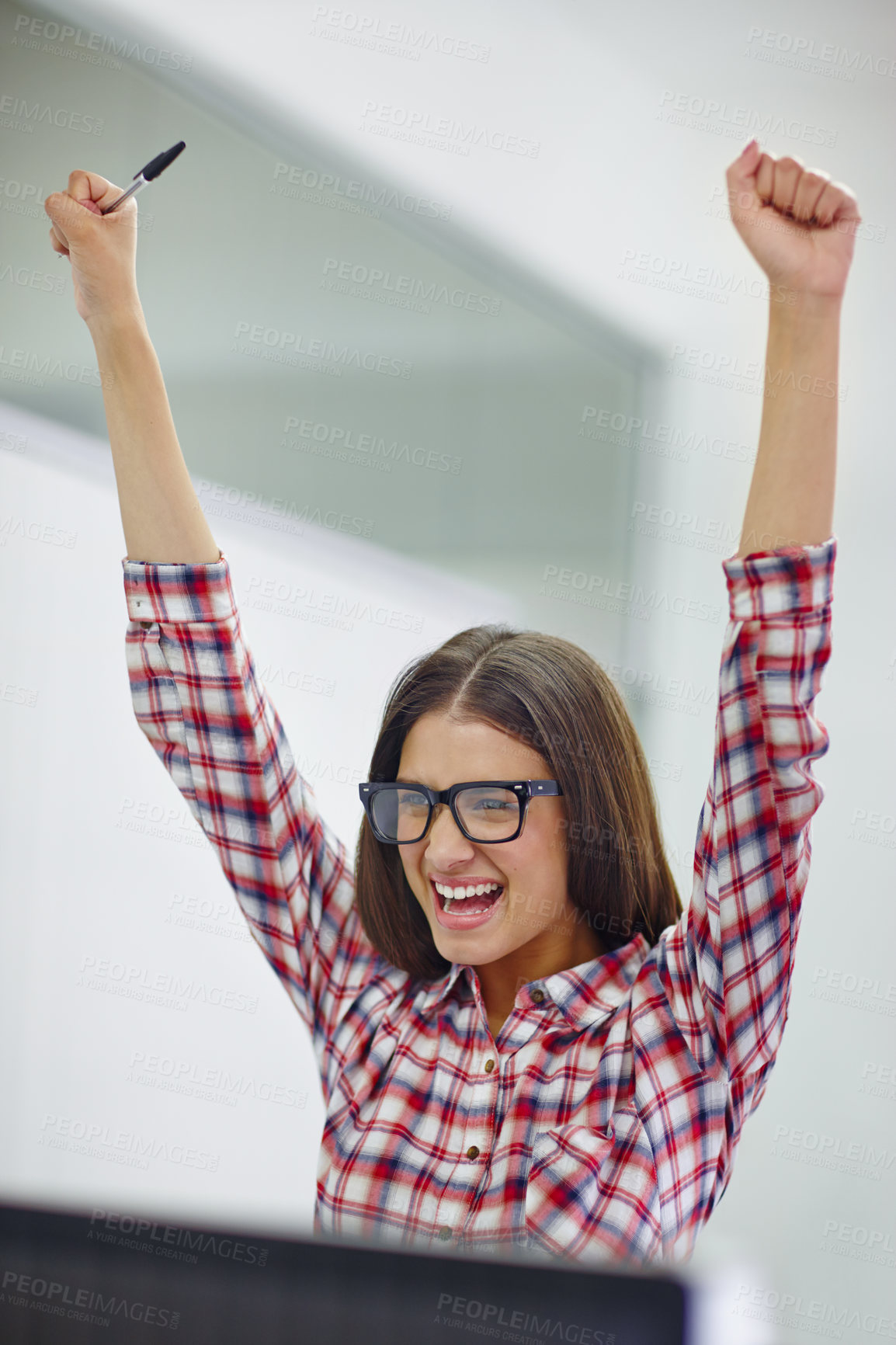 Buy stock photo Business woman, computer and celebration in office for success, good news and investment with glasses. Employee, tech and achievement in workplace for client acquisition, salary increase and target