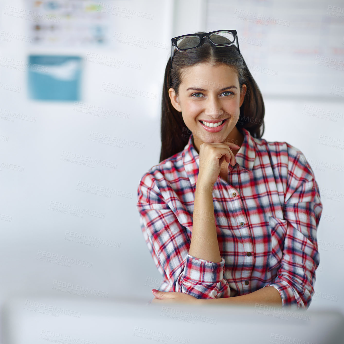 Buy stock photo Smile, confident and portrait of woman in office with joyful and positive attitude for career. Happy, pride and professional female copywriter from Portugal working at creative magazine agency
