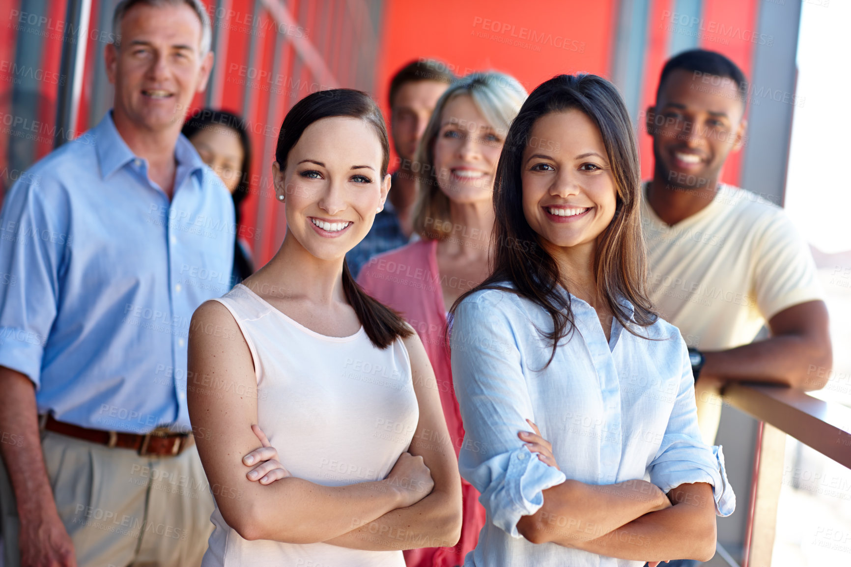 Buy stock photo Portrait, business people and group with diversity, balcony and cooperation for company development. Face, employees and coworkers with teamwork, multicultural and creative agency and graphic design