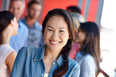 Buy stock photo Portrait, business people and woman with smile, confidence and career ambition with magazine editor. Face, professional and person with pride, journalist and creative with project development agency