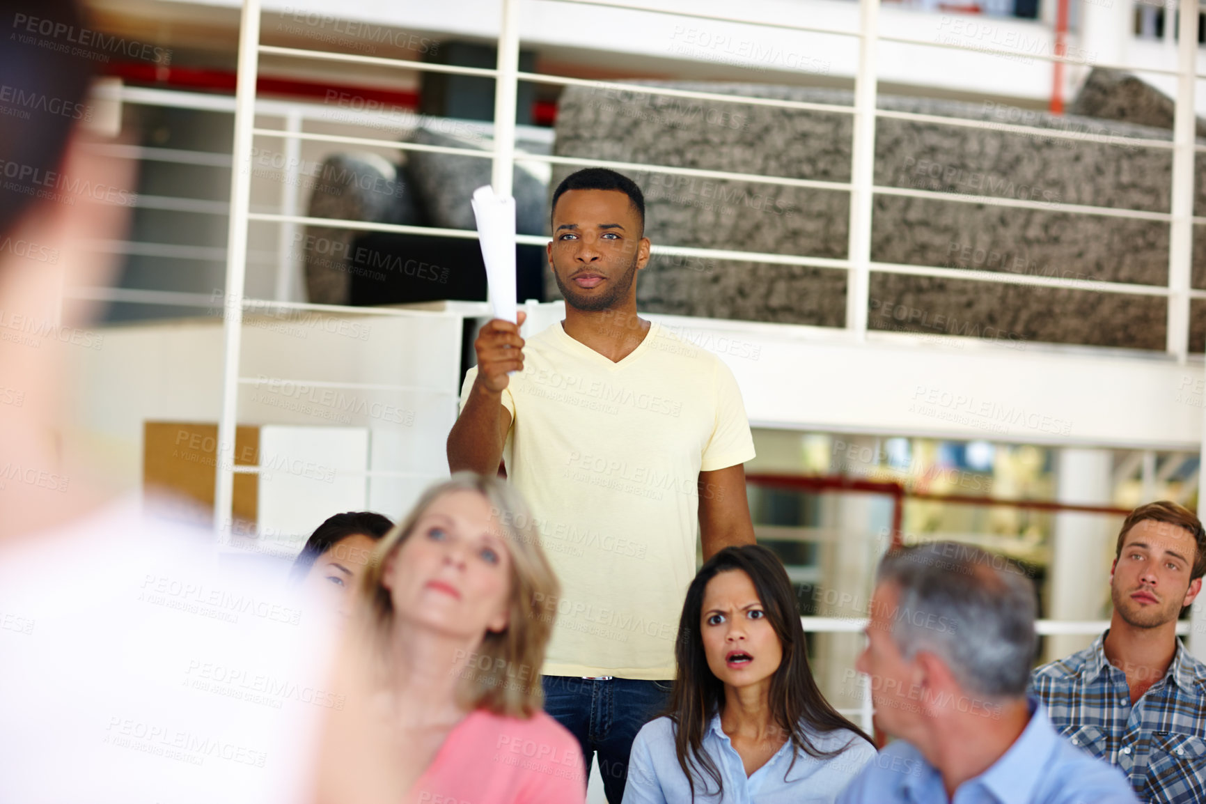 Buy stock photo Business, people or man with disagreement in meeting for employment contract question or salary increase. HR, finance department or frustrated with company bonus dispute, conflict or inflation crisis