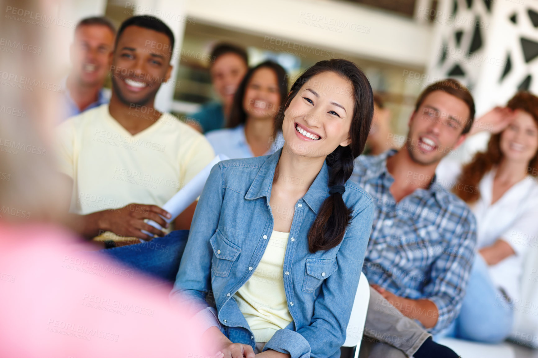 Buy stock photo Presentation, group and smile for seminar, diversity and listening to speech, creative and knowledge. Happy, women and men in workshop, team and training of journalist, communication and information