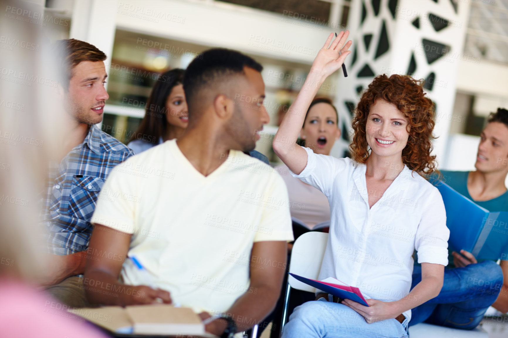 Buy stock photo Conference, group and question for seminar, diversity and listening to speech, creative or knowledge. Happy, women and men in workshop, people and training of journalist, communication or information
