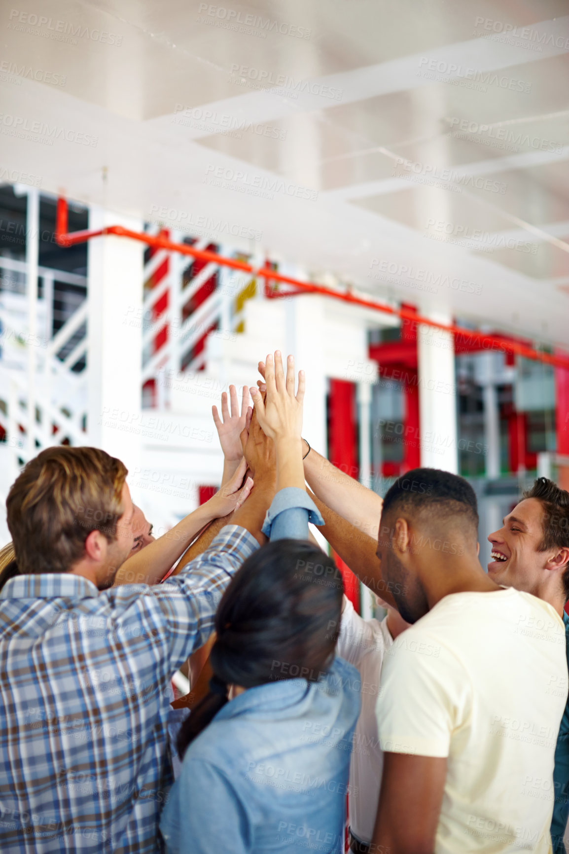 Buy stock photo Business, employees and smile with high five at office for team building, collaboration and support for project. People, diversity and happy in startup company with synergy or huddle for coworking