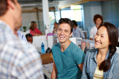 Buy stock photo Employees, speaking and office for helping with project, brainstorming and support with proposal. Teamwork, laughing and collaboration in internship at workplace, funny conversation and creative plan