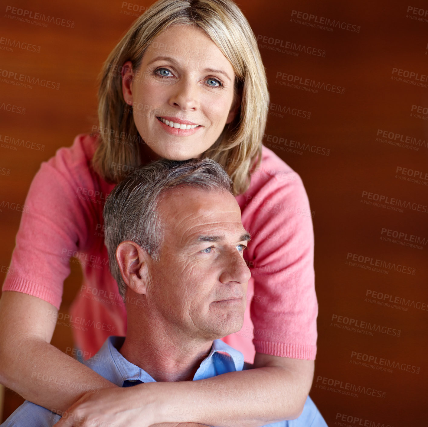 Buy stock photo Love, happy couple and portrait with hug for bonding, admiration or connection in healthy marriage. Mature people, man or woman with trust for affection, support or commitment in relationship at home