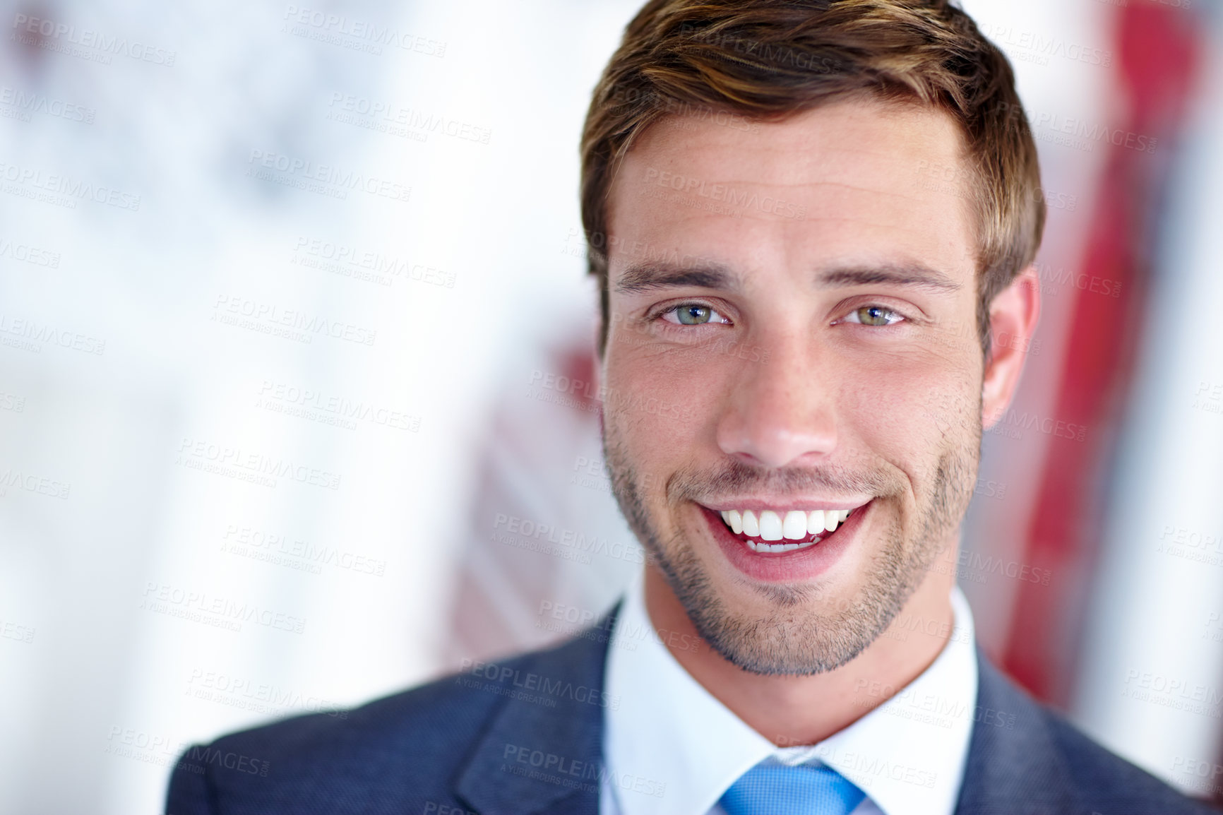 Buy stock photo Portrait, businessman and office with happy, proud and confidence as accountant for financial agency. Male person, professional and smile for investment opportunity, portfolio and banking in company