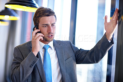 Buy stock photo Angry, corporate and man with phone call in office for communication, project fail and finance conflict. Male accountant, stress and mobile of networking, fight crisis bankruptcy risk and online scam