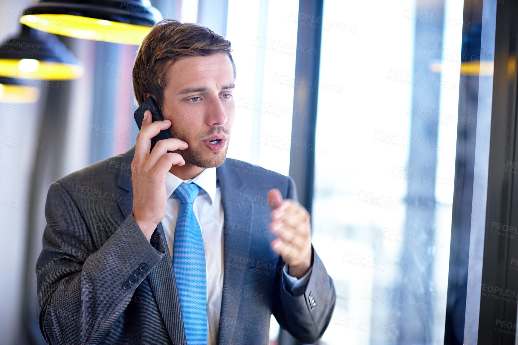 Buy stock photo Angry, business and man with phone call in office for communication, project fail and finance conflict. Male accountant, stress and mobile of networking, fight crisis bankruptcy risk and online scam