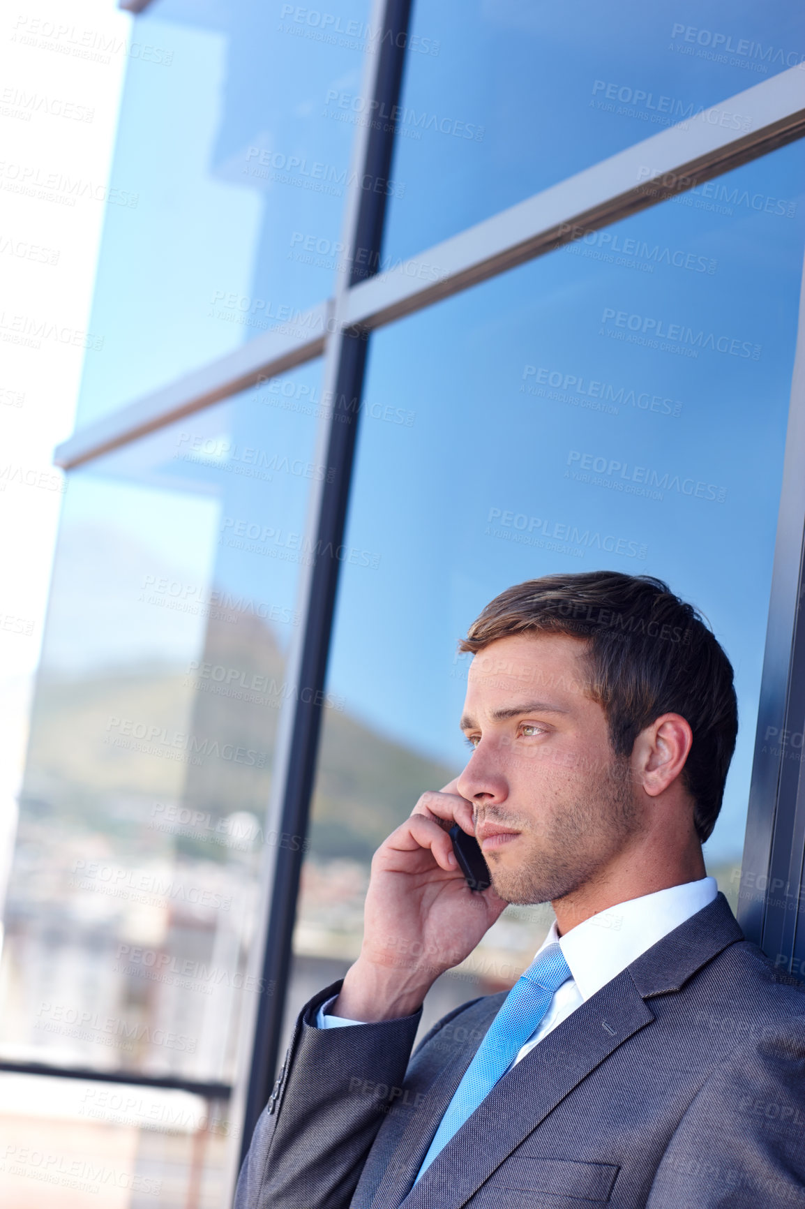 Buy stock photo Serious, business and man with phone call outdoor for communication, legal advice and finance feedback. Thinking, accountant and talk on mobile with networking, negotiation and project opportunity