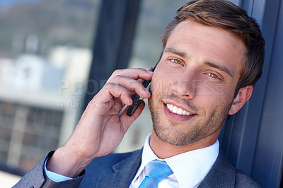 Buy stock photo Portrait, corporate and man with phone call outdoor for talking, legal advice and finance feedback. Happy, male accountant, mobile and discussion with networking, negotiation and project opportunity