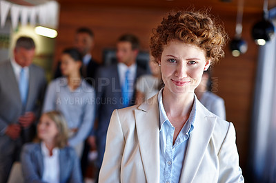 Buy stock photo Portrait, leadership and woman with business people, smile and group mentorship at legal office. About us, businesswoman and happy team with confidence, pride and corporate management at law firm