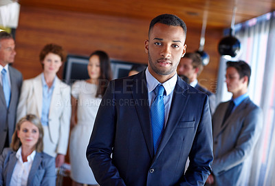 Buy stock photo Office, portrait and businessman with pride for law firm, professional career or ambition for justice. Leadership, male lawyer and team with confidence for court case, legal advice and proud attorney