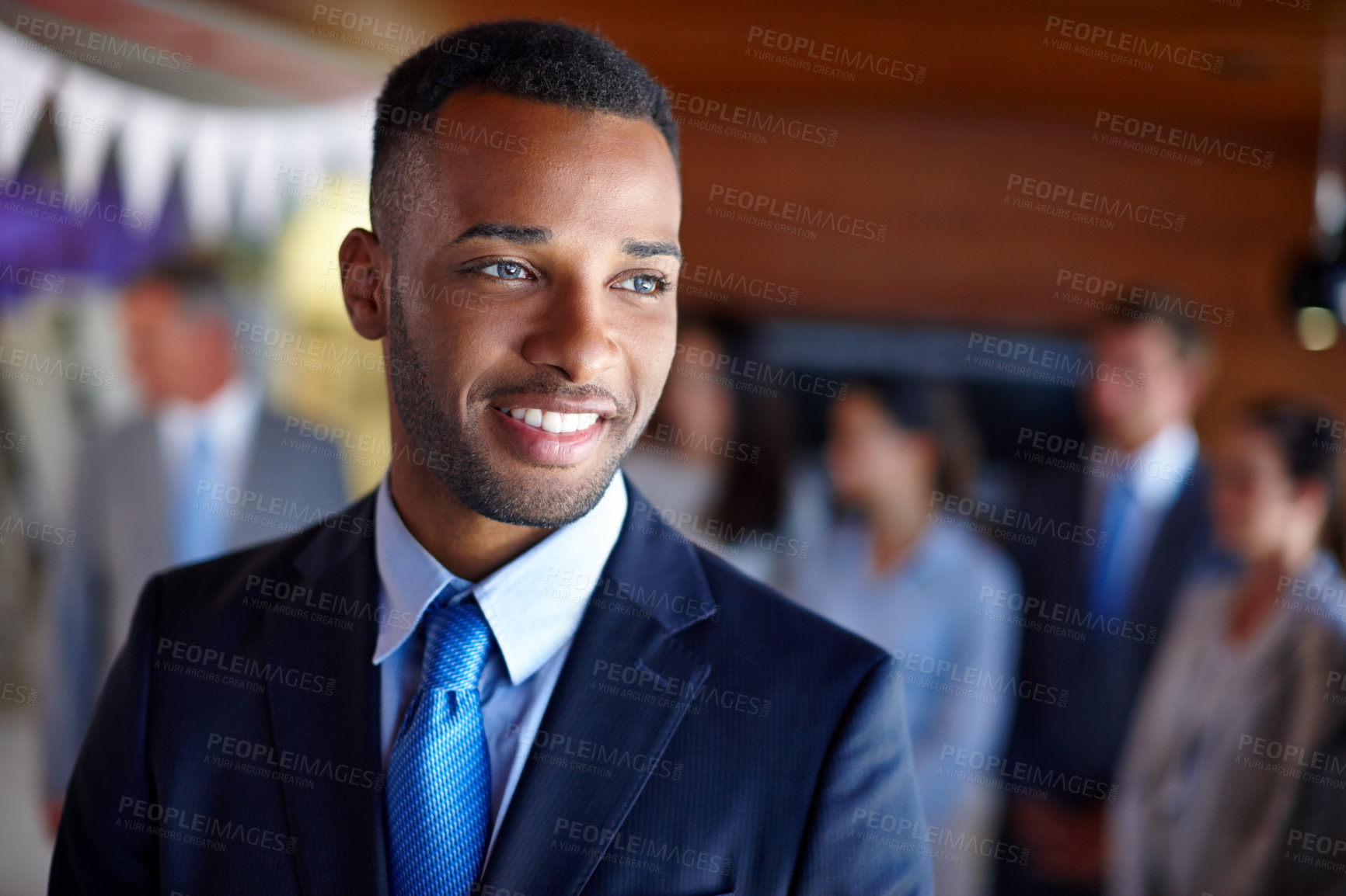 Buy stock photo Office, thinking and businessman with smile for corporate, professional career or ambition for justice. Workplace, male person or lawyer with confidence for court case, legal advice or happy attorney