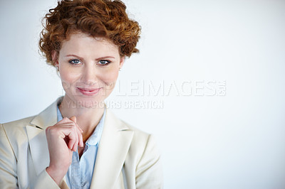 Buy stock photo Portrait, business woman and pride with mockup space, confidence and smile as accountant in banking. Female person, professional and office for investment opportunity, portfolio or finance in company