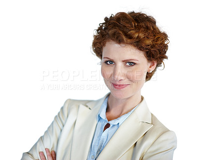 Buy stock photo Portrait, business woman and career with confidence, pride and happy as accountant in financial firm. Female person, professional and staff for investment opportunity in company on studio background