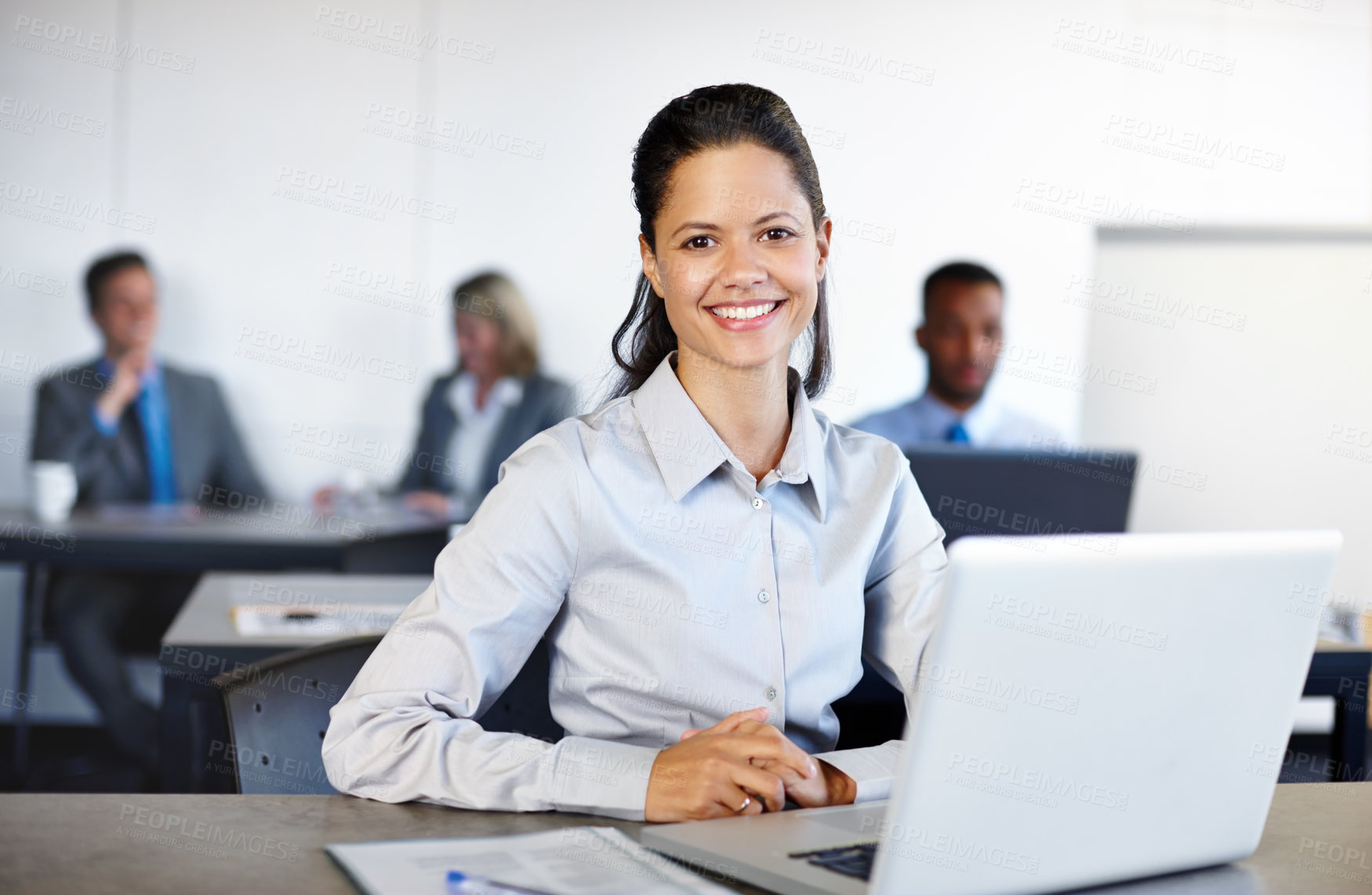 Buy stock photo Business woman, portrait and laptop in office for research, communication and networking clients. Employee, happy and tech for project management, corporate development and sustainability integration