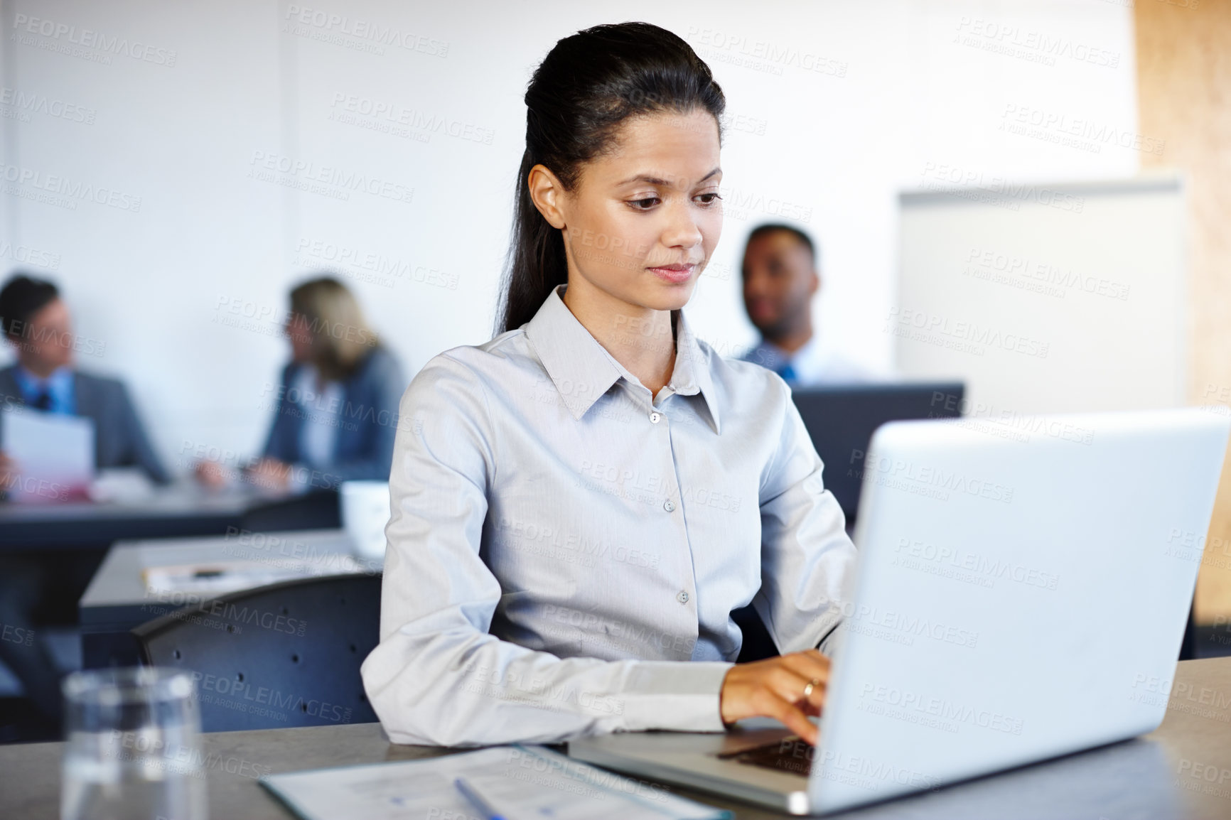 Buy stock photo Business woman, typing and laptop in office for research, communication and networking clients. Employee, report and tech for project management, corporate development and sustainability integration