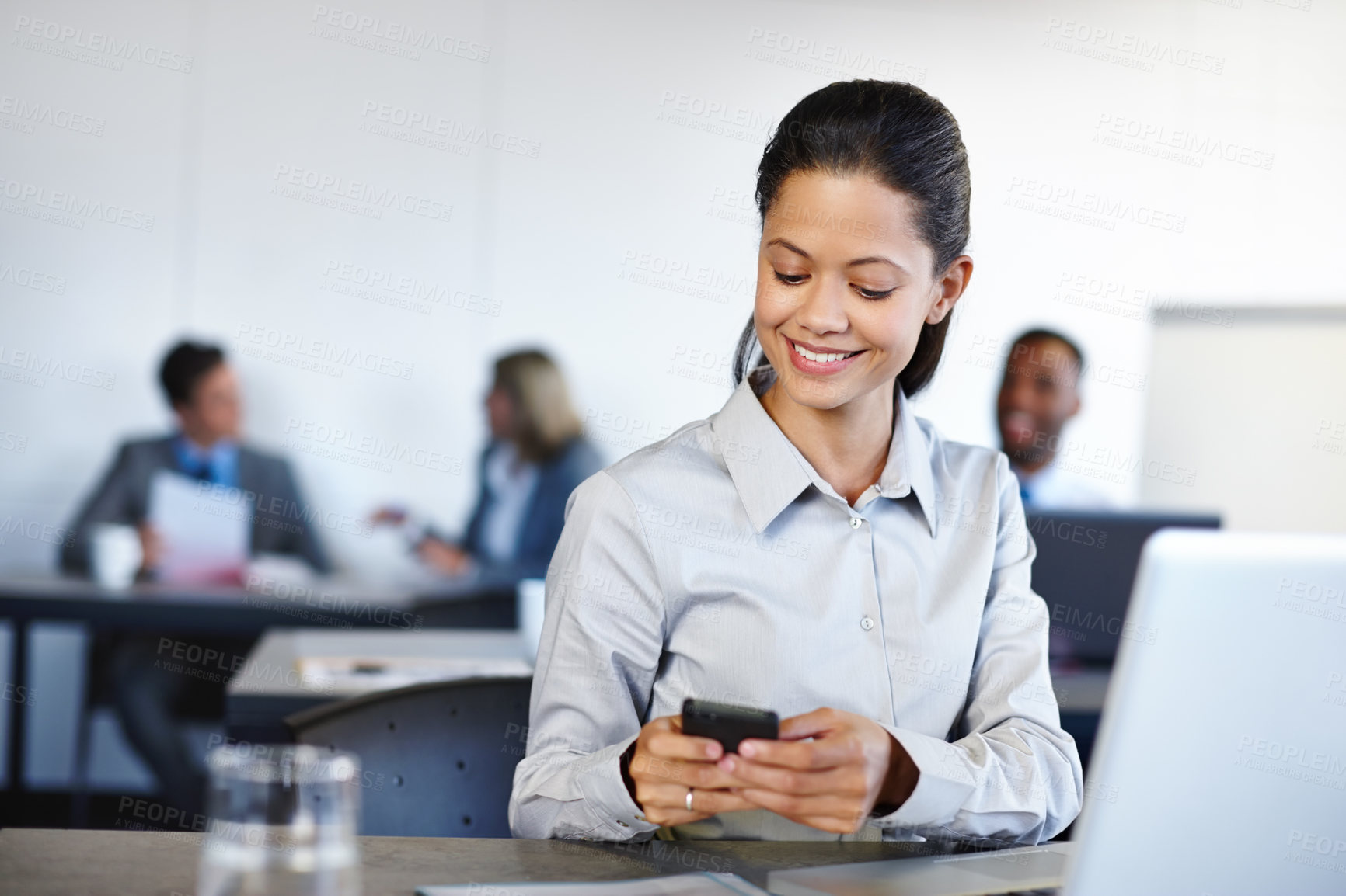 Buy stock photo Business woman, happy and phone in office for research, communication and networking clients. Employee, mobile and smile for project management, corporate development and email exchange with contact