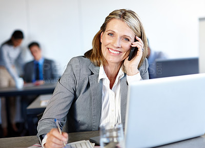 Buy stock photo Business woman, portrait and phone call in office for research, communication and networking. Employee, mature and tech for project management, corporate development and sustainability integration