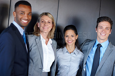 Buy stock photo Lawyer team, happy and portrait of business people in office for collaboration, partnership and company pride. Corporate, attorney and men and women for legal consulting, career and job at law firm