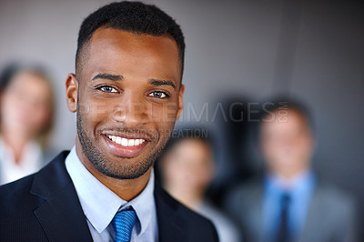 Buy stock photo Office, happy and businessman in portrait for corporate, professional career and ambition for justice. Workplace, male person or lawyer with pride for court case, legal advice or attorney in law firm