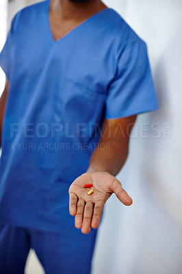 Buy stock photo Cropped image of a medical practitioner giving you medication while isolated on white background