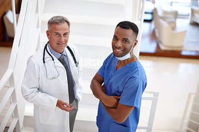 Buy stock photo Portrait of a confident doctor and surgeon standing in a medical suite