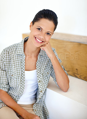 Buy stock photo Portrait, happy and woman relax on stairs with casual clothes, calm morning and house on weekend break. Smile, female person and resting with pride, comfortable and apartment peace on home steps