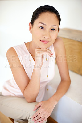 Buy stock photo Proud, girl and relax with portrait on stairs of casual clothes, calm morning and peace of weekend break. Confident, woman and resting for pride, homeowner and wellness routine of cozy steps at house