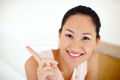 Buy stock photo Portrait, smile and point with Asian woman at office for career direction, advertising and announcement of company. Happy, creative news and promotion, opportunity and  information of offer alert